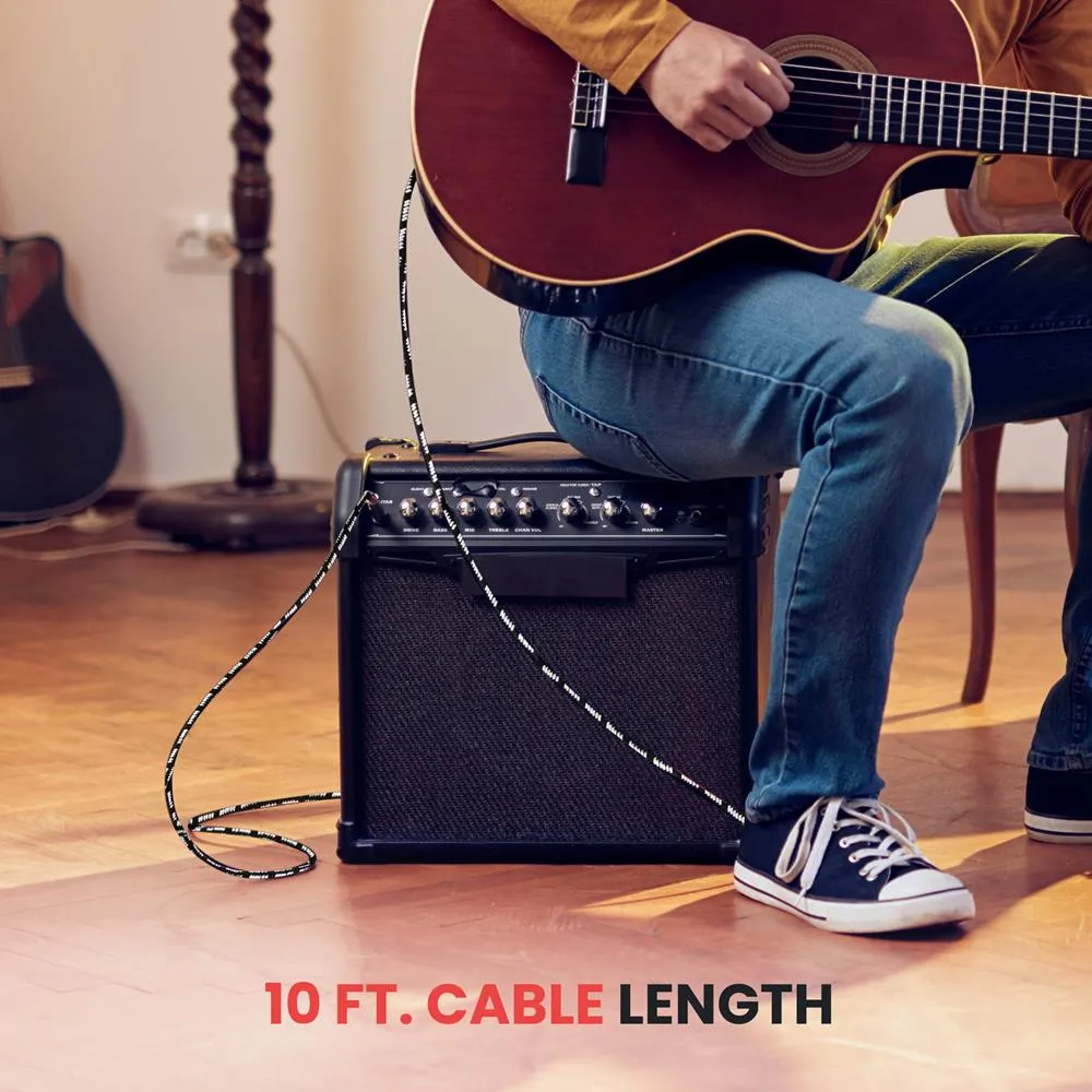 10 Ft. Guitar Instrument Cable - Amp Cord Straight 1/4-Inch Ts To Straight With Black Cloth For Electric Guitar, Bass, Keyboard