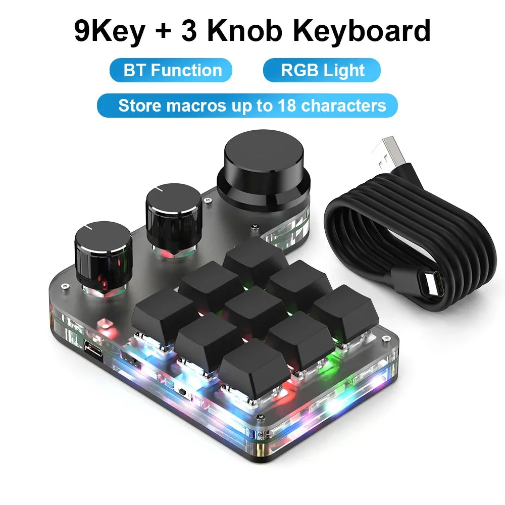 Custom Macro Keyboard - Hot Swap Mini 9 Keys, 3 Knobs, RGB, Programmable, Wireless BT, Mechanical Gamer Accessories