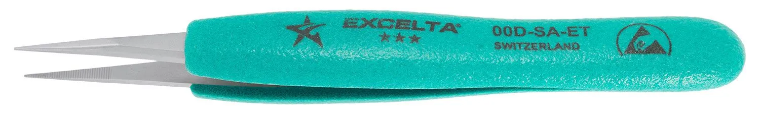 Excelta 00D-SA-ET Swiss-Made ESD-Safe Neverust® Anti-Magnetic Stainless Steel Tweezer with Ergo-Tweeze® Handle & Straight, Strong, Serrated Medium Point Tips, 5.25" OAL