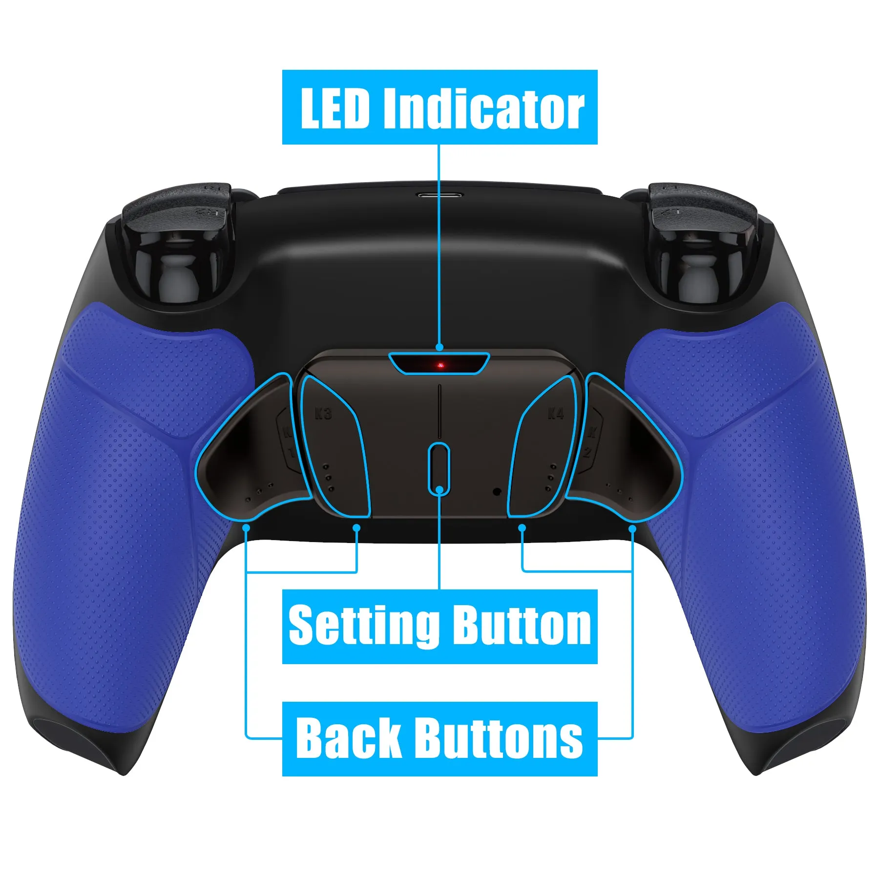 eXtremeRate Black Real Metal Buttons (RMB) Version RISE4 Remap Kit for PS5 Controller BDM-030/040/050 - Rubberized Blue - YPFJ7002G3