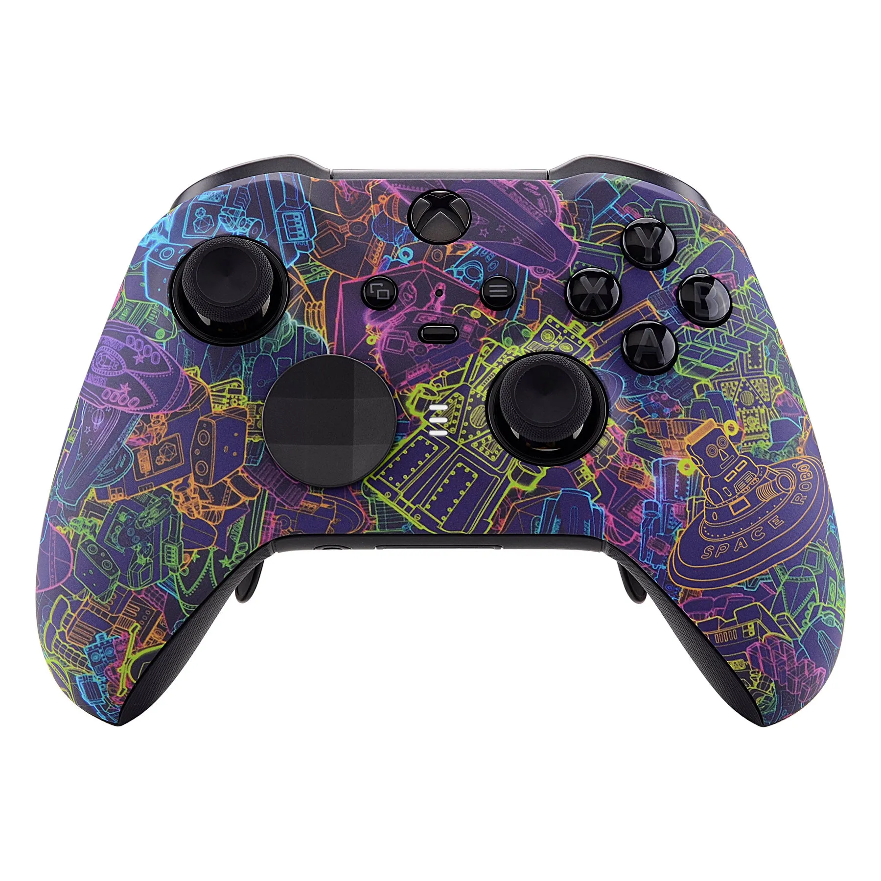 eXtremeRate Neon Novel Patterned Faceplate Cover, Soft Touch Front Housing Shell Case Replacement Kit for Xbox One Elite Series 2 Controller Model 1797 and Core Model 1797 - Thumbstick Accent Rings Included - ELT127