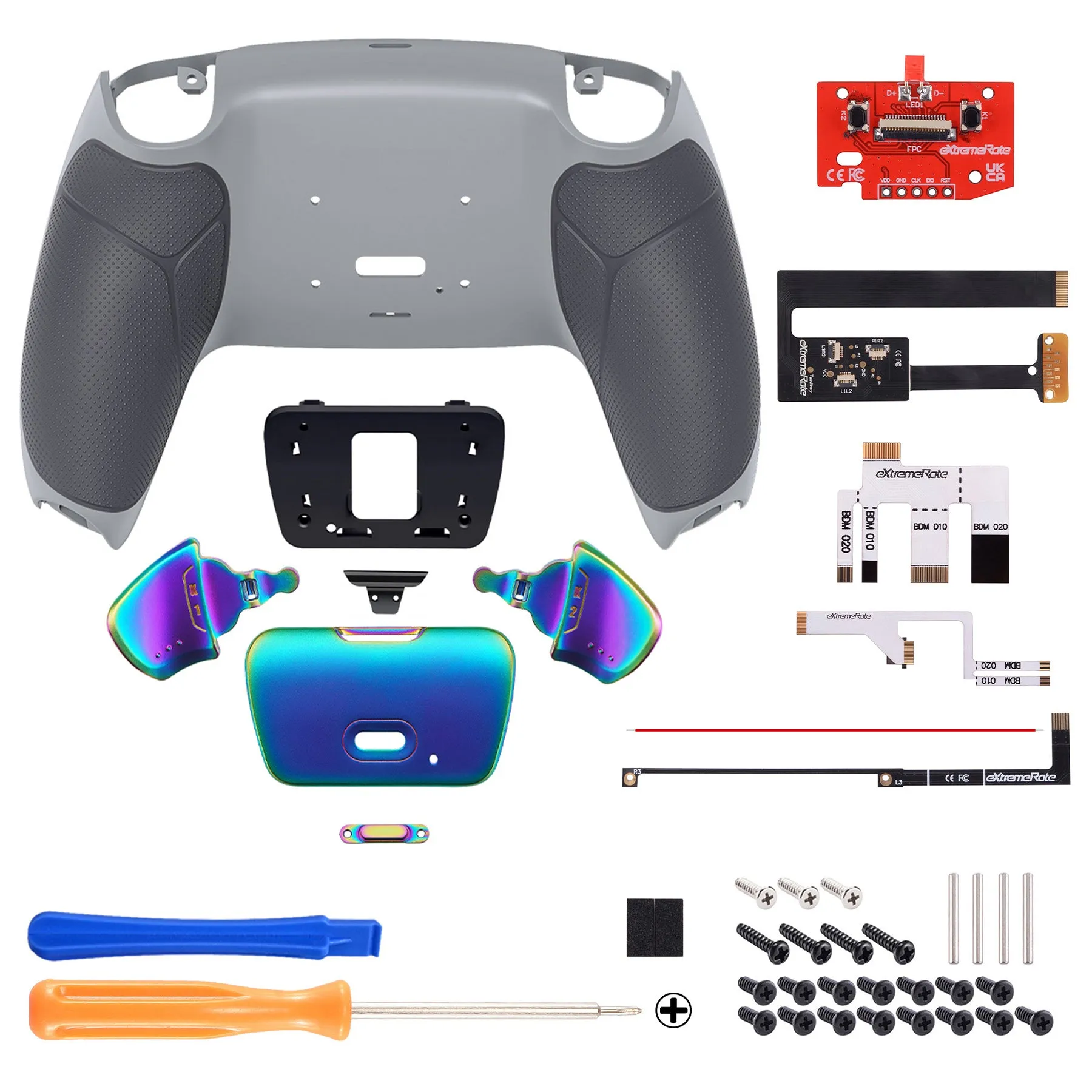 eXtremeRate Rainbow Aura Blue & Purple Real Metal Buttons (RMB) Version RISE 2.0 Remap Kit for PS5 Controller BDM-010/020 - Rubberized New Hope Gray & Classic Gray - XPFJ7013