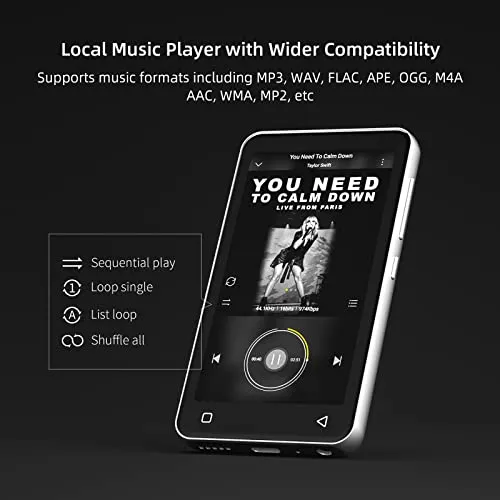 Innioasis MP3 Player with Bluetooth and WiFi, 4" Full Touch Screen MP4 MP3 Player with Spotify, Android Streaming Music Player with Pandora, Portable HiFi Sound Walkman Digital Audio Player with Speaker (White)