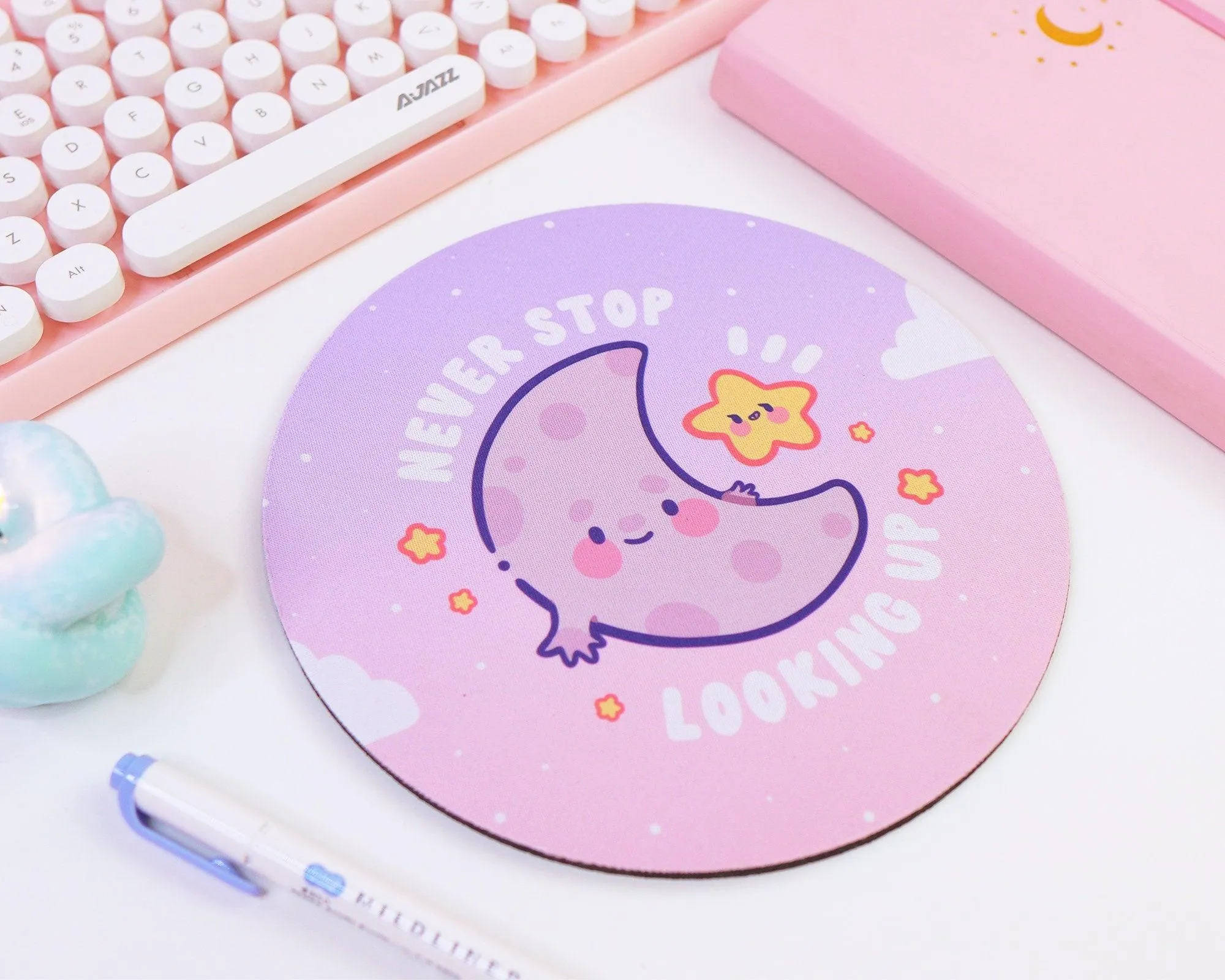 Luna & Sprinkle Mouse Pad | Never Stop Looking Up Motivational Desk Accessory | Kawaii Moon & Star Design