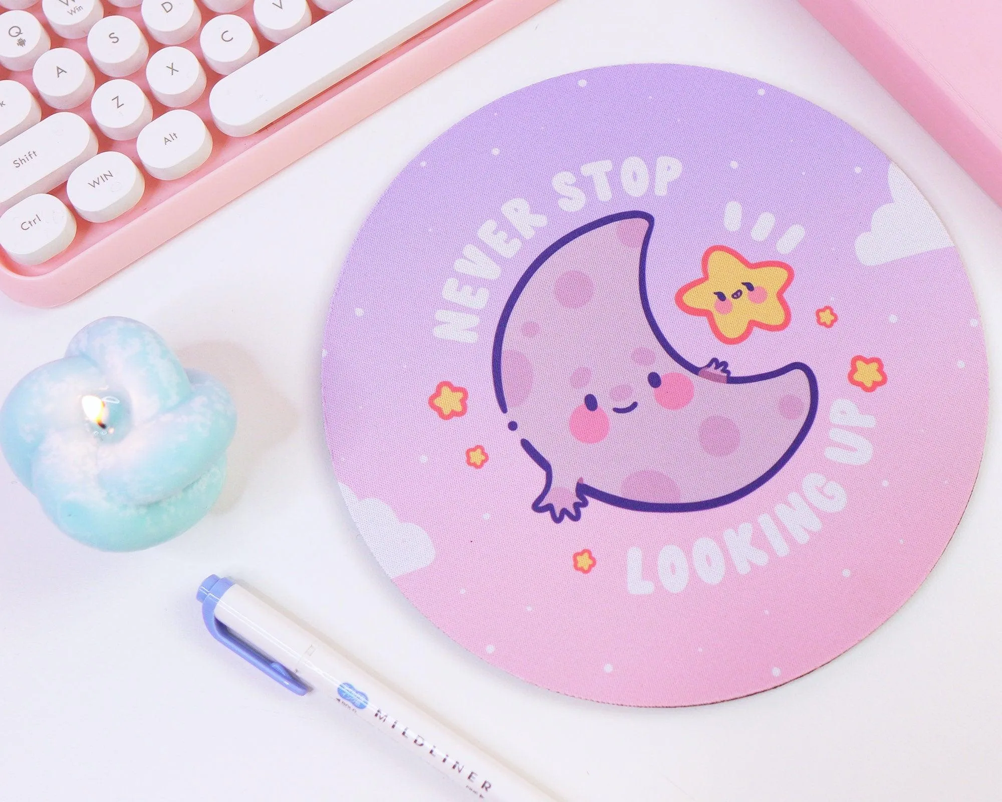 Luna & Sprinkle Mouse Pad | Never Stop Looking Up Motivational Desk Accessory | Kawaii Moon & Star Design
