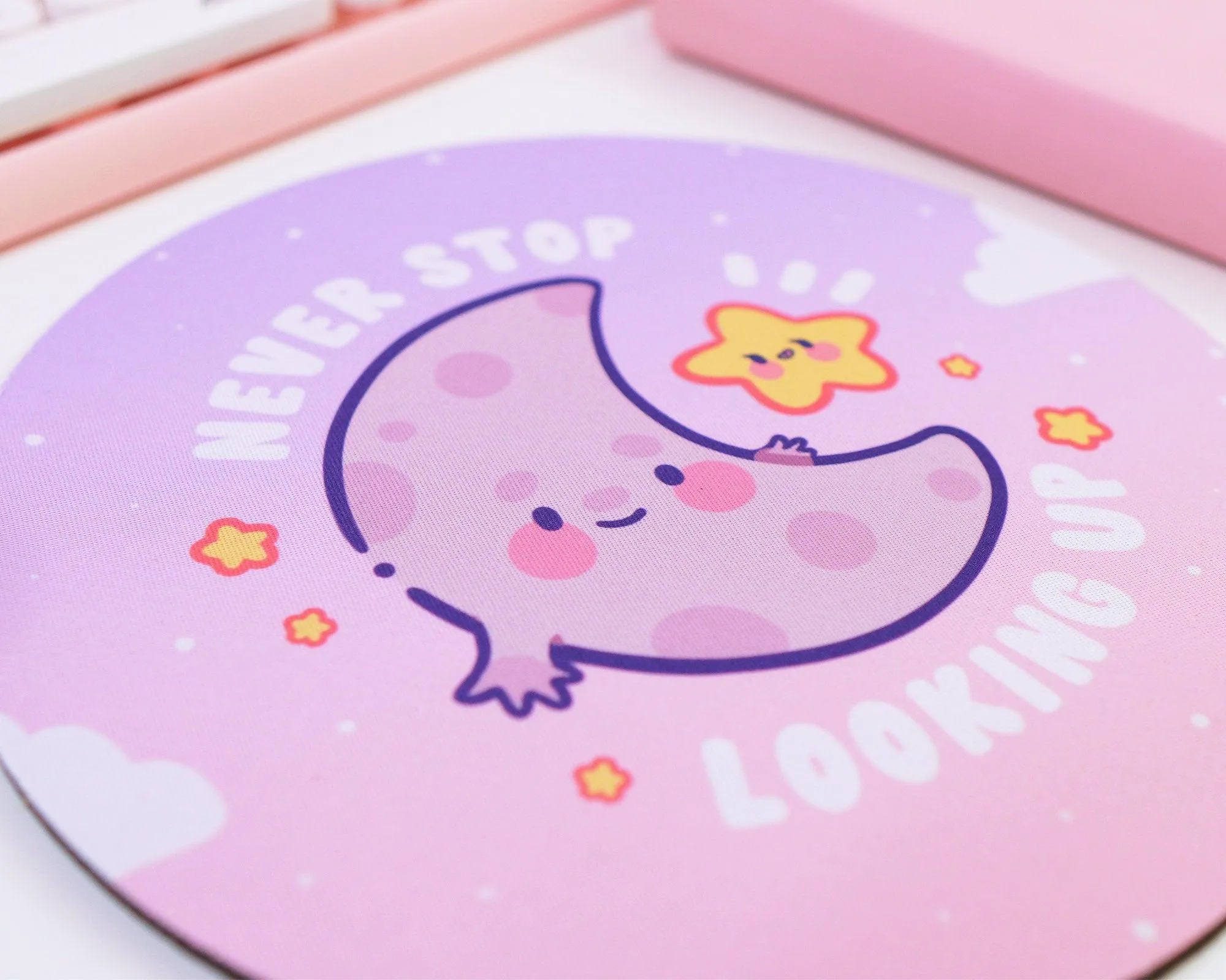 Luna & Sprinkle Mouse Pad | Never Stop Looking Up Motivational Desk Accessory | Kawaii Moon & Star Design