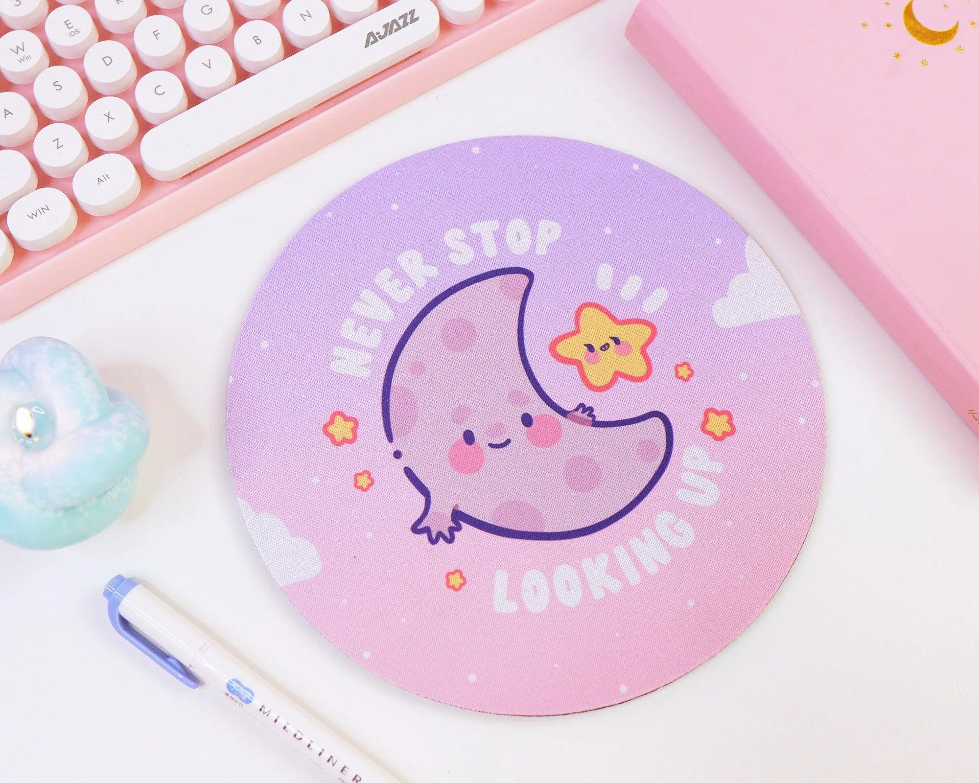 Luna & Sprinkle Mouse Pad | Never Stop Looking Up Motivational Desk Accessory | Kawaii Moon & Star Design