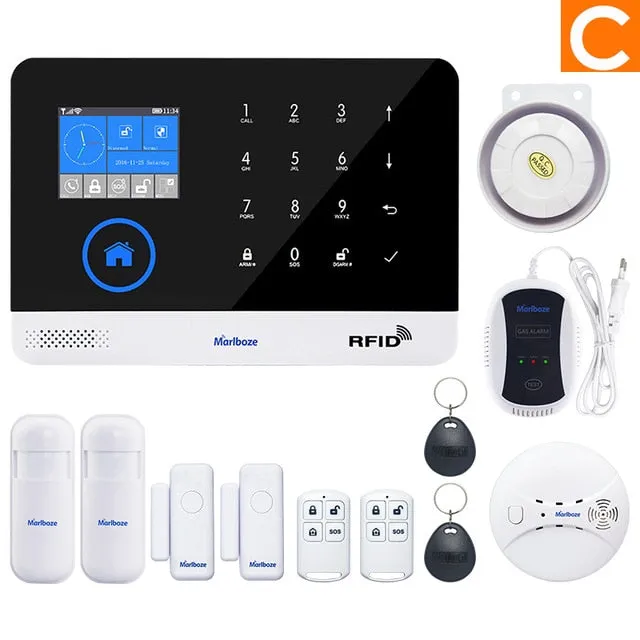 Marlboze EN RU ES PL DE Switchable Wireless Home Security WIFI GSM GPRS Alarm system APP Remote Control RFID card Arm Disarm