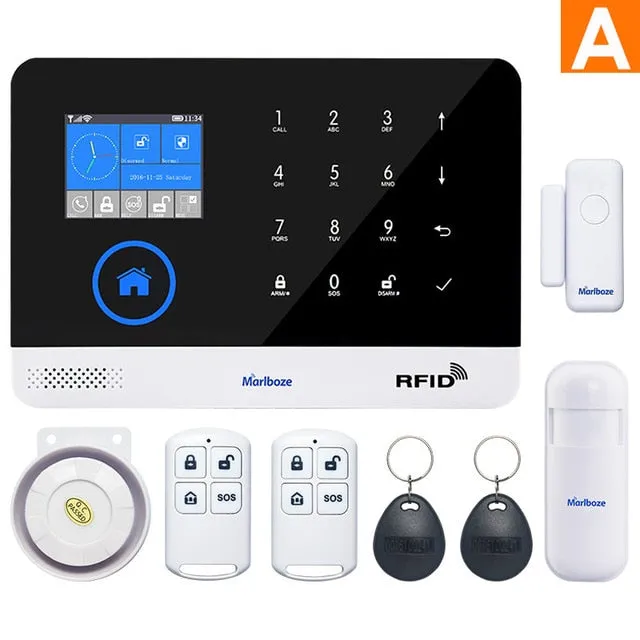 Marlboze EN RU ES PL DE Switchable Wireless Home Security WIFI GSM GPRS Alarm system APP Remote Control RFID card Arm Disarm