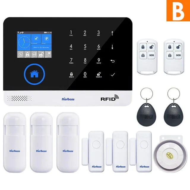 Marlboze EN RU ES PL DE Switchable Wireless Home Security WIFI GSM GPRS Alarm system APP Remote Control RFID card Arm Disarm