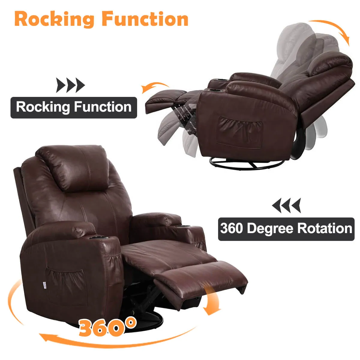 Massage Recliner Chair Faux Leather Ergonomic Lounge Heated Chair, Brown