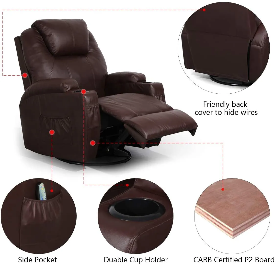 Massage Recliner Chair Faux Leather Ergonomic Lounge Heated Chair, Brown