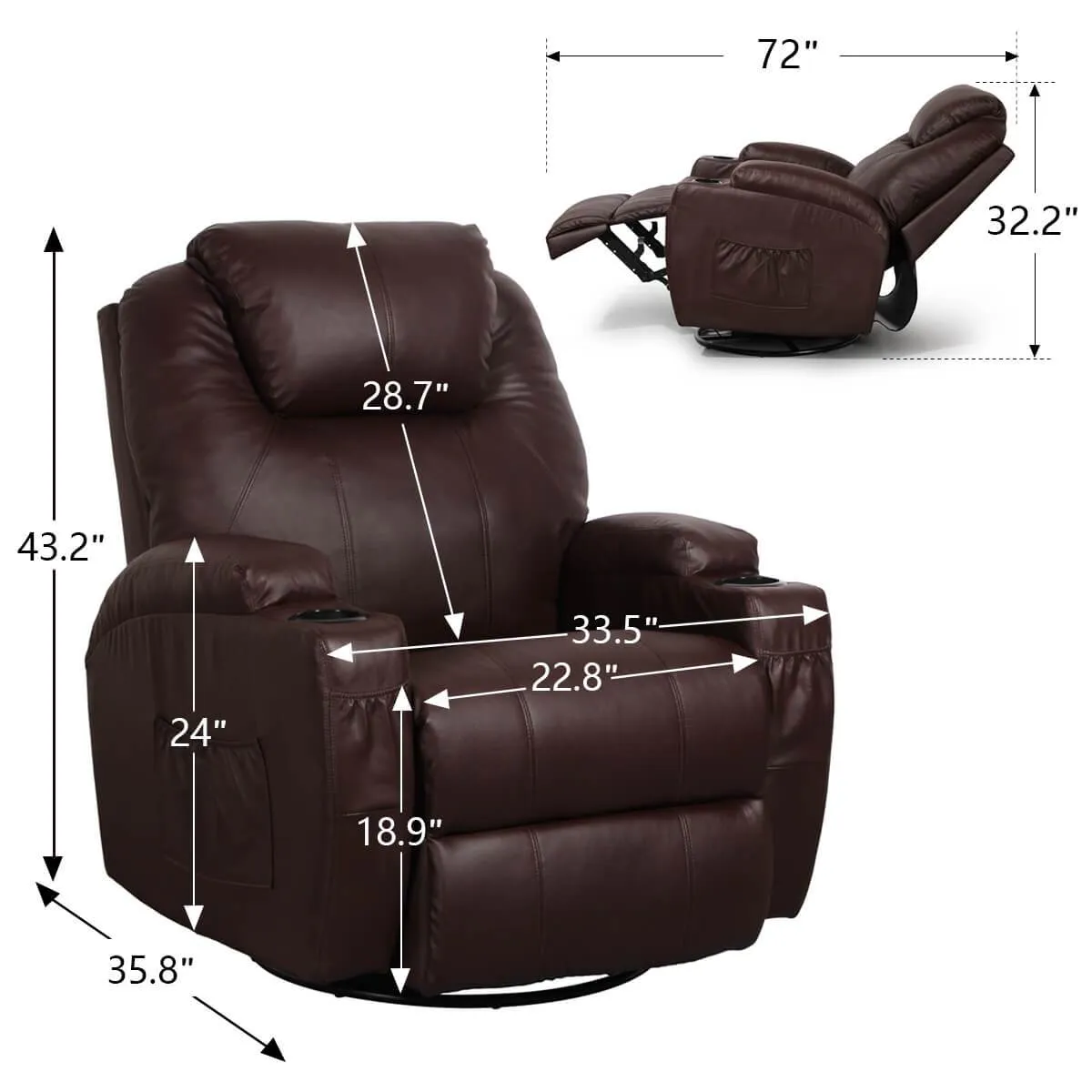 Massage Recliner Chair Faux Leather Ergonomic Lounge Heated Chair, Brown