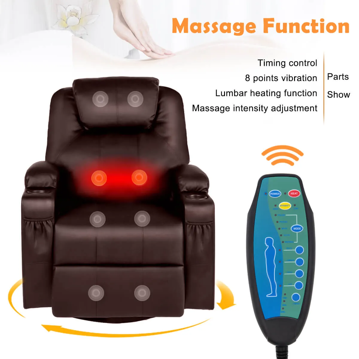 Massage Recliner Chair Faux Leather Ergonomic Lounge Heated Chair, Brown