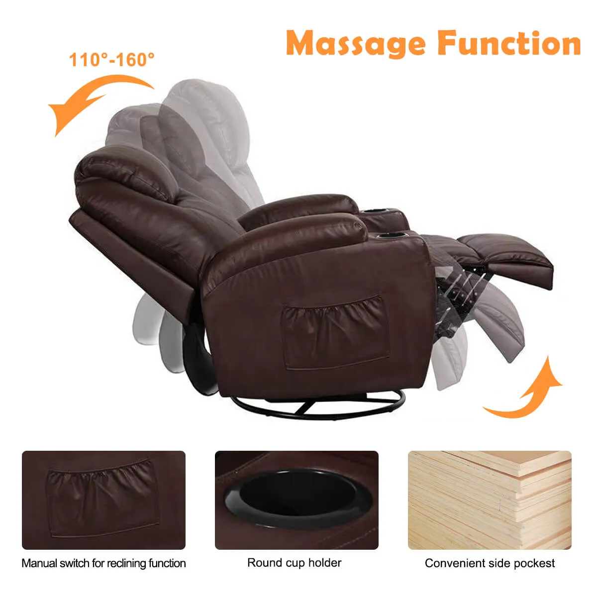 Massage Recliner Chair Faux Leather Ergonomic Lounge Heated Chair, Brown