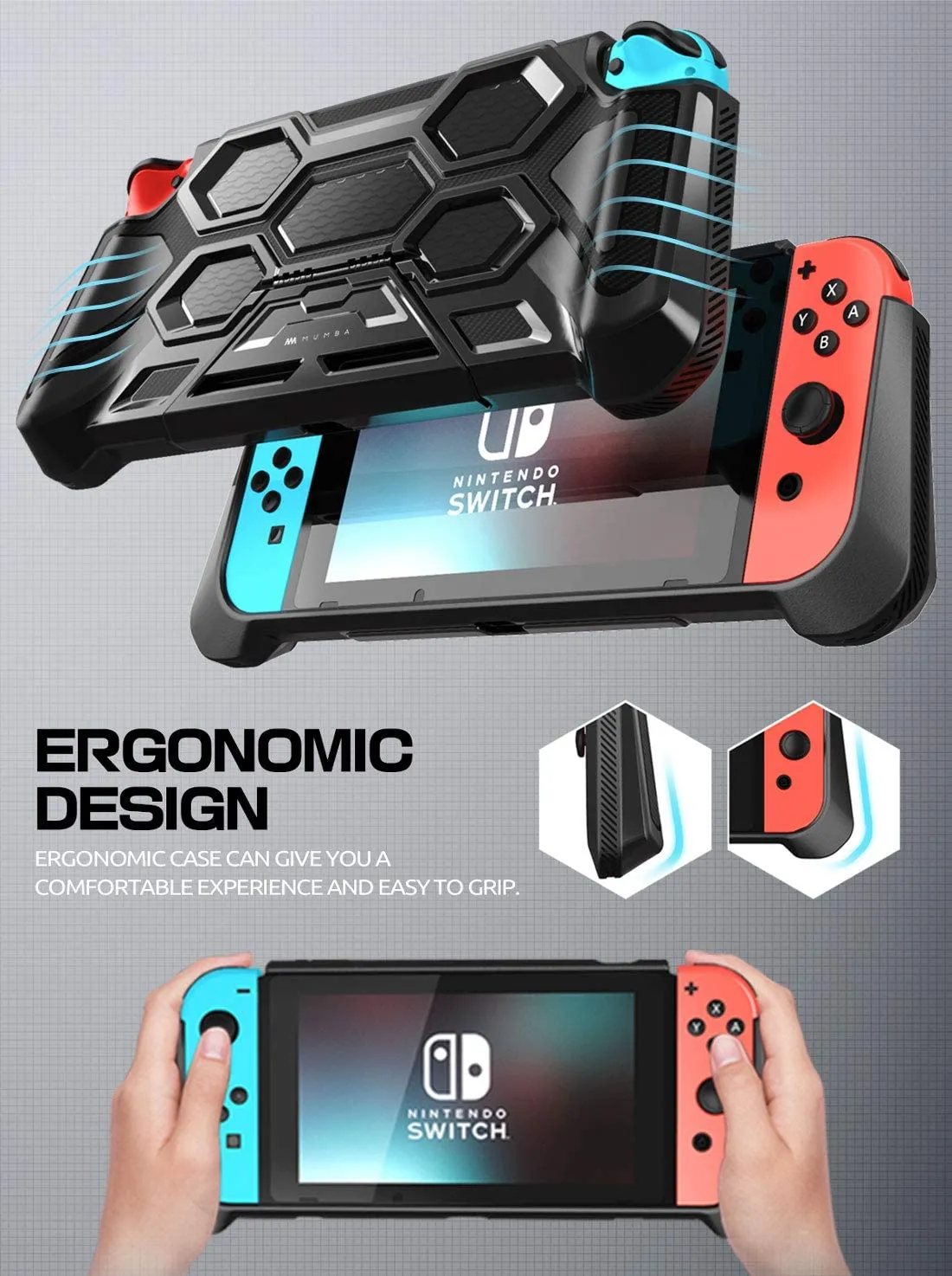 Mumba Protective Case for Nintendo Switch, [Battle Series] Heavy Duty Grip Cover for Nintendo Switch Console with Comfort Padded Hand Grips and Kickst