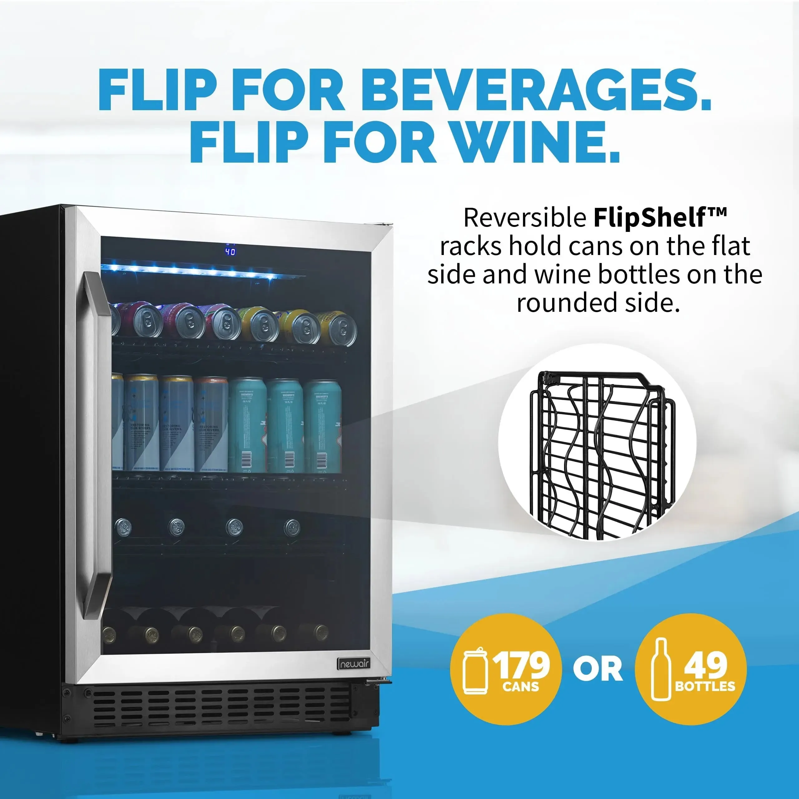 Newair 179 Can or 49 Bottle Wine and Beverage Refrigerator Cooler, Built-In Fridge with Flipshelf in Stainless Steel for Home, Office or Bar