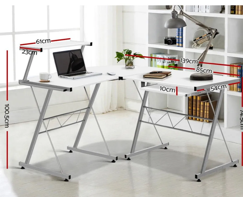 Office Computer Desk Corner Table Metal Pull-Out Keyboard Tray Top White