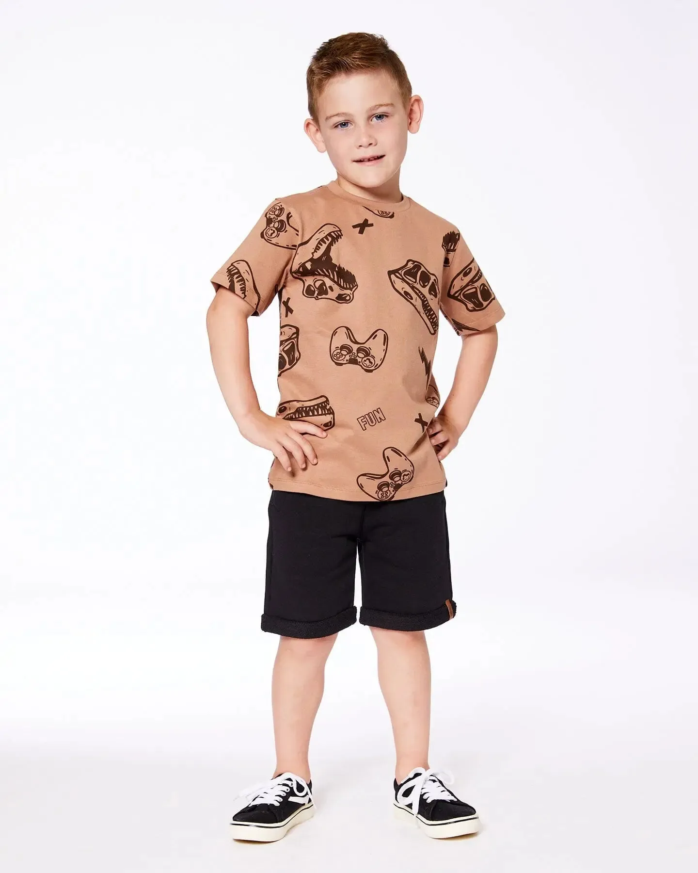 Printed Organic Cotton Tee Beige And Black Dinos