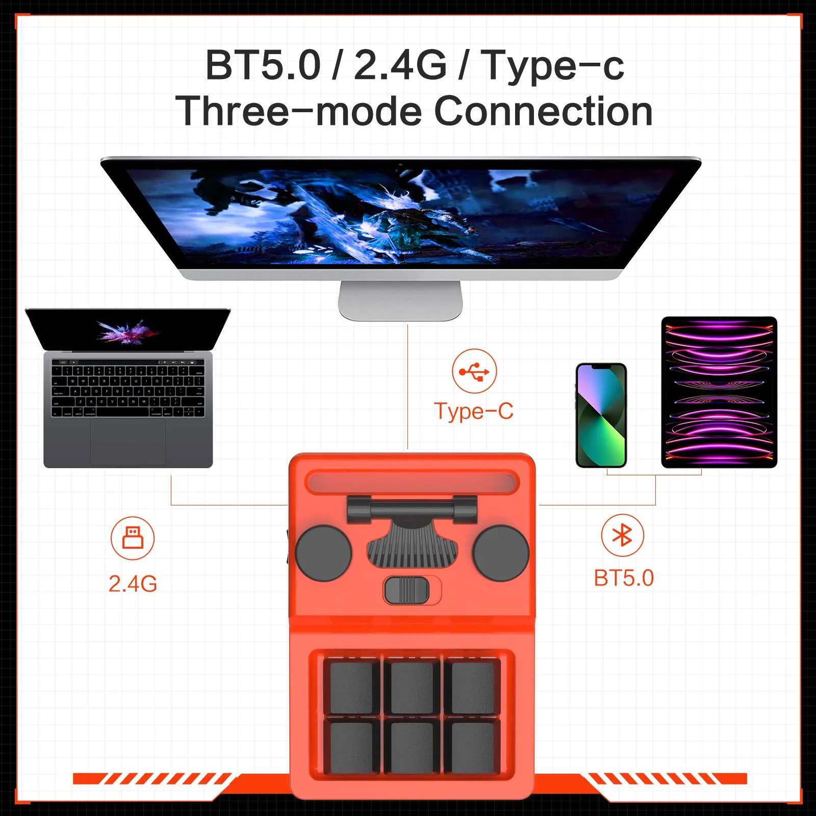Programming Macro Keyboard, BT5.0/2.4G/USB-C, Double Knob, Hotswap Red Switch, RGB Backlit, Gaming/Photoshop