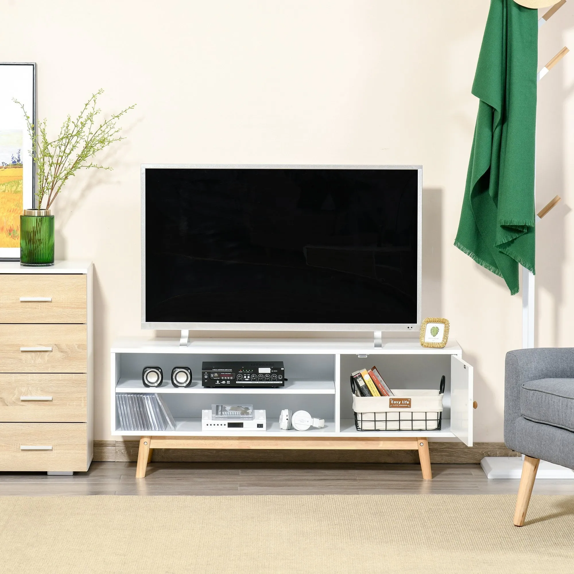 TV Cabinet Unit for TVs up to 50'' Flat Screen with Shelves and Door, Entertainment center for Living Room, Bedroom, White Media Stand