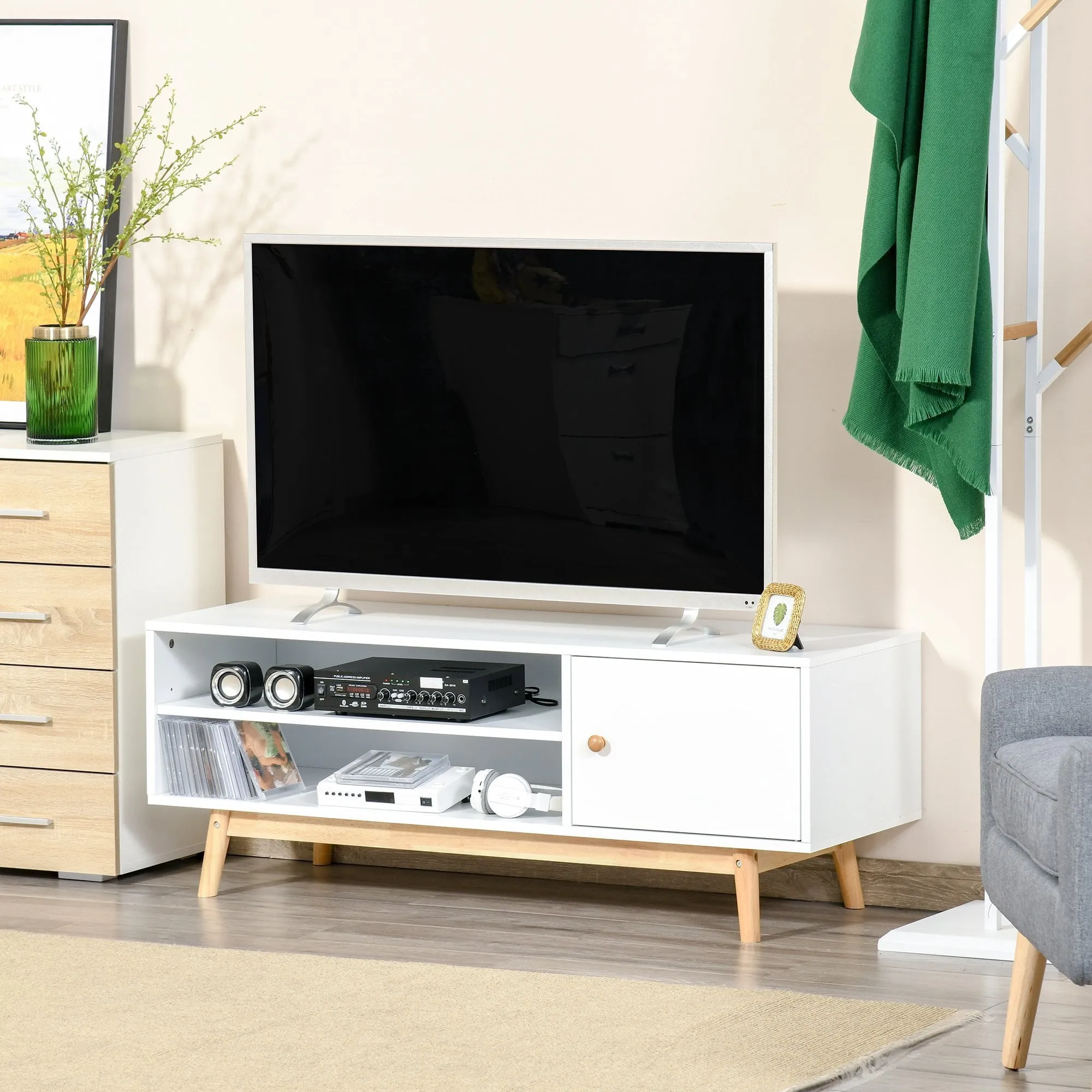 TV Cabinet Unit for TVs up to 50'' Flat Screen with Shelves and Door, Entertainment center for Living Room, Bedroom, White Media Stand