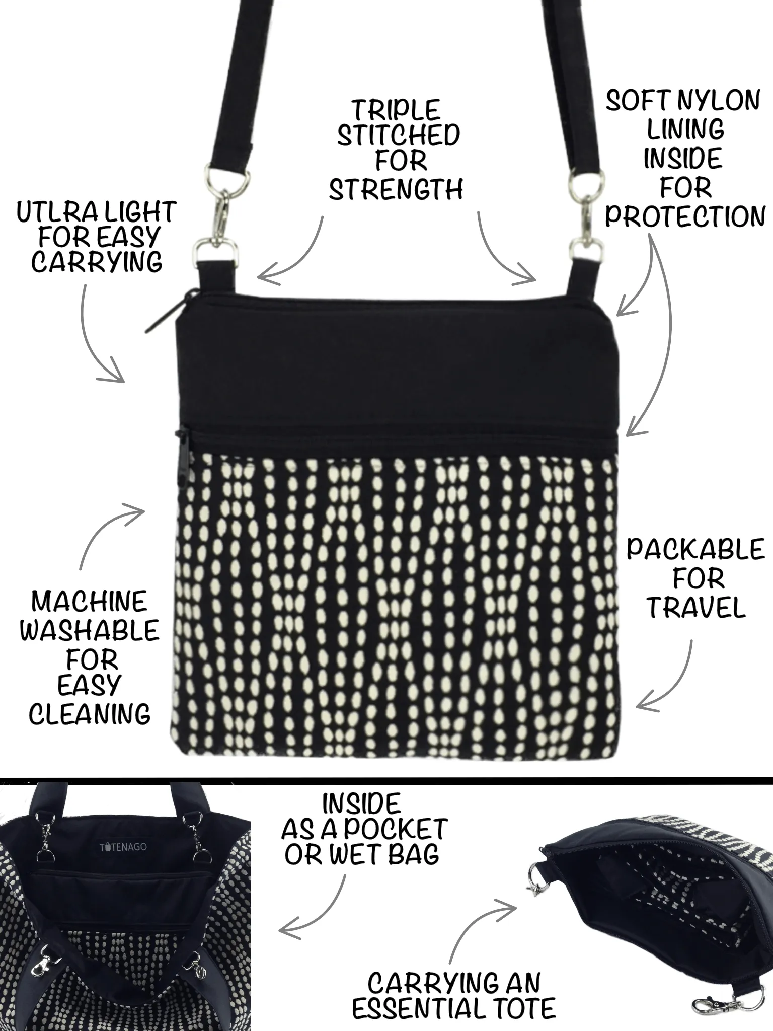 Wavy Dots in Black | Black Nylon | Tote Bag Set